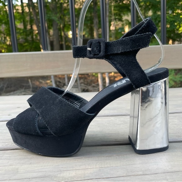 Karl Lagerfeld black suede & silver chunky heel platform ankle strap sandals 38 - Picture 11 of 16